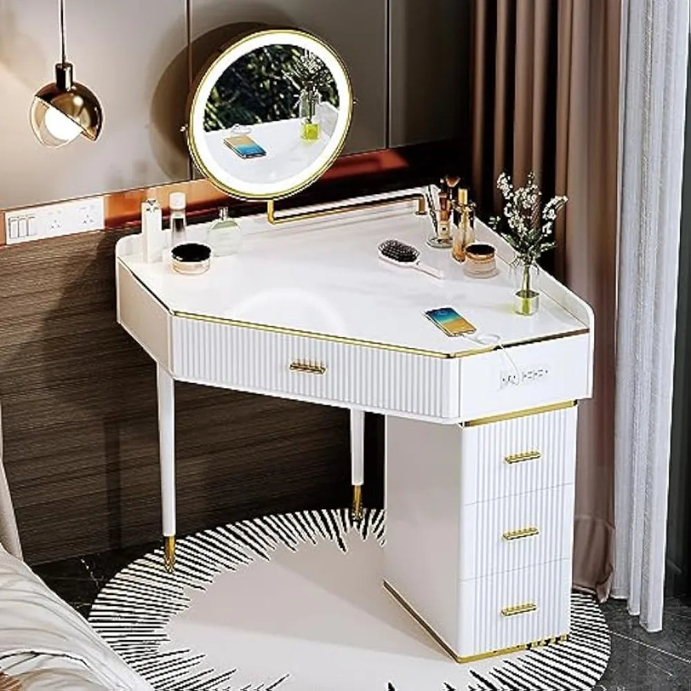 Large White Modern Corner Vanity Set – Luxury Flairs
